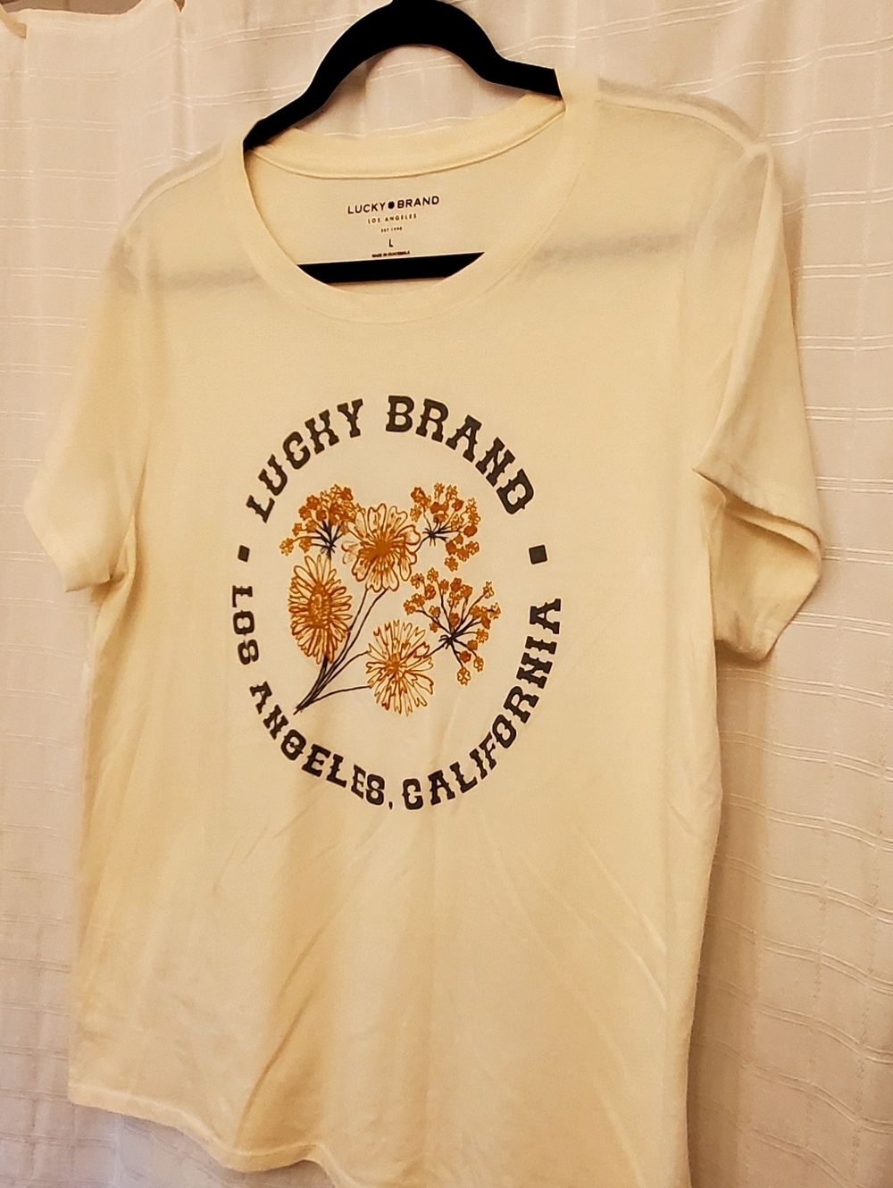 Lucky Brand Cream Tee with Orange Floral Graphic, Size L, Cotton